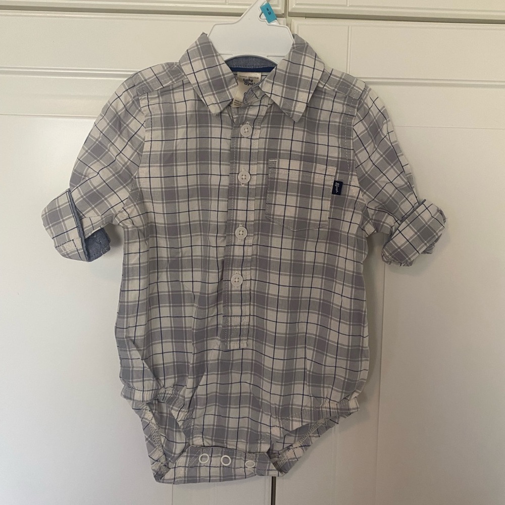 New NWOT Baby B’Gosh Plaid Button Down Body suit 6 m Chambray Gray White plaid